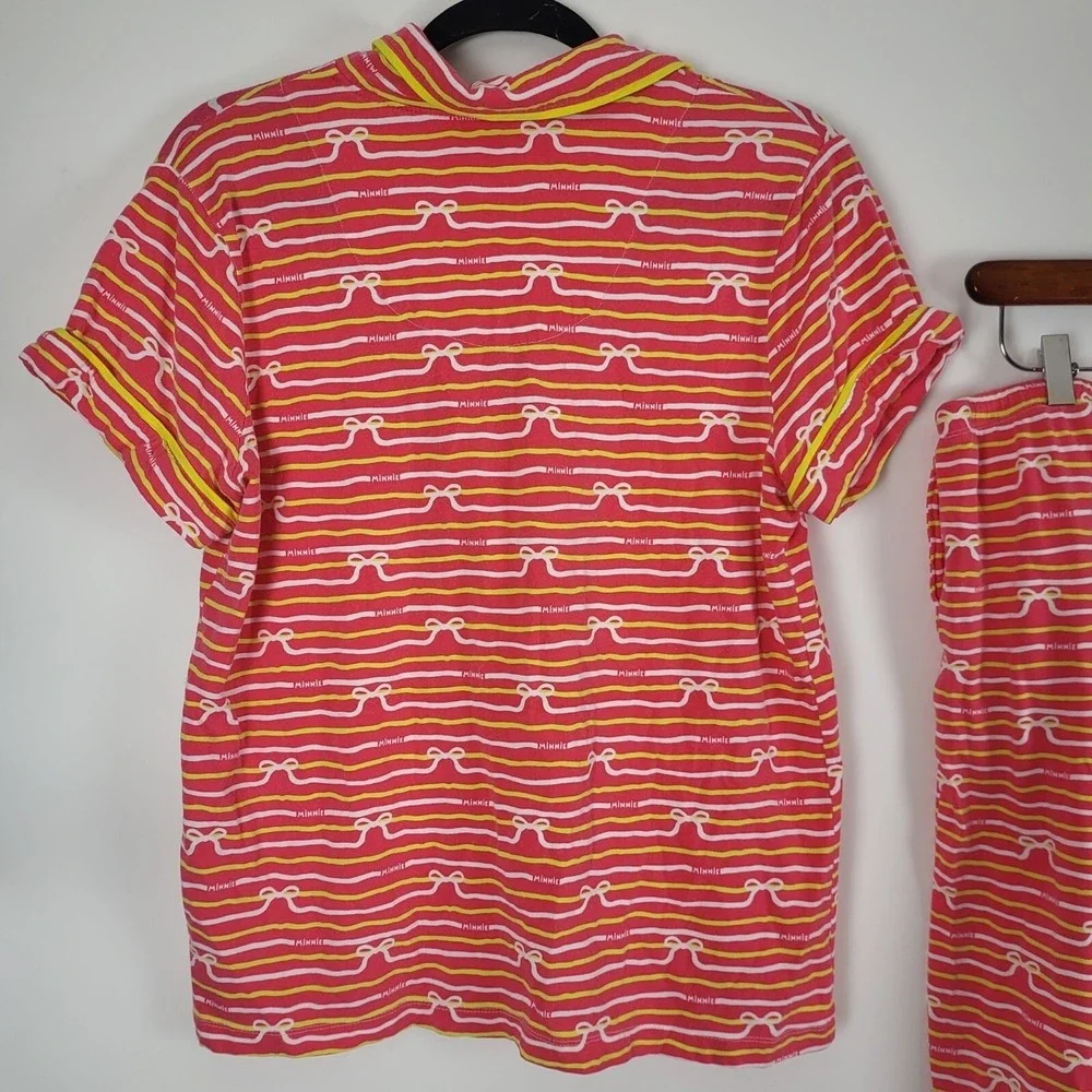 Disney Minnie Mouse Pajama Set L Womens Pink Yellow White Striped Button Front - Picture 12 of 13